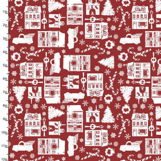 Winter Village - Vintage Stores - Red - 1/2 yd