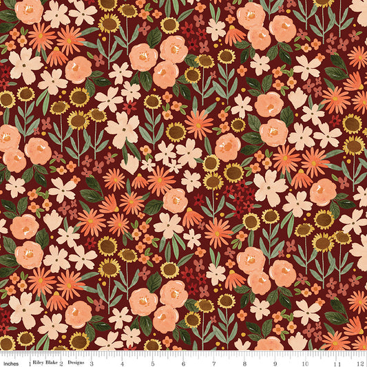 Happy Fall Days Stone Vintage Squares Yardage C16341 Maroon by Riley Blake Designs - 1/2 yd