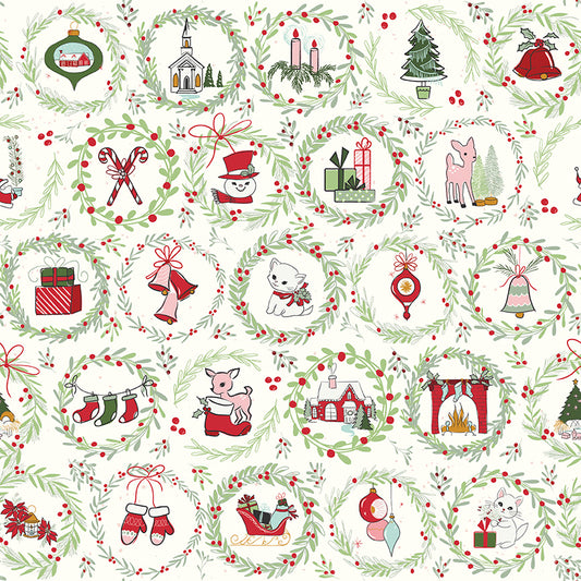 Mistletoe & Holly - Wreaths CLOUD - 1/2 yd