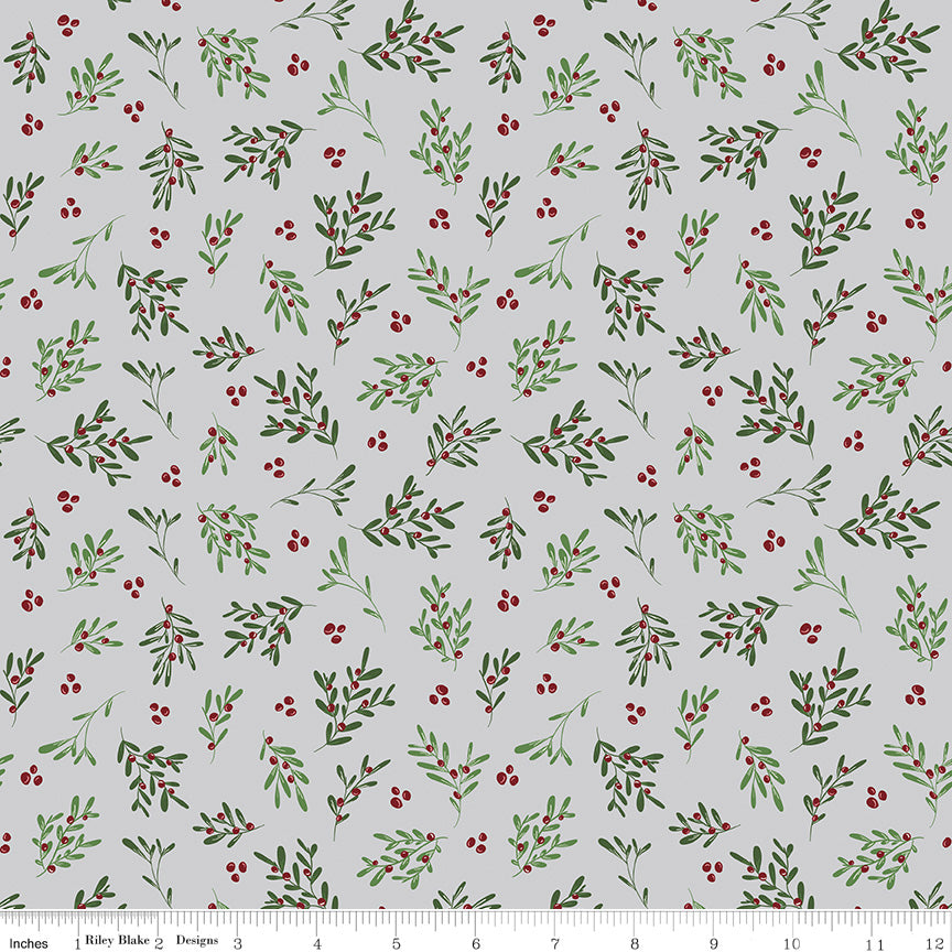 Mistletoe & Holly - Mistletoe SILVER - 1/2 yd