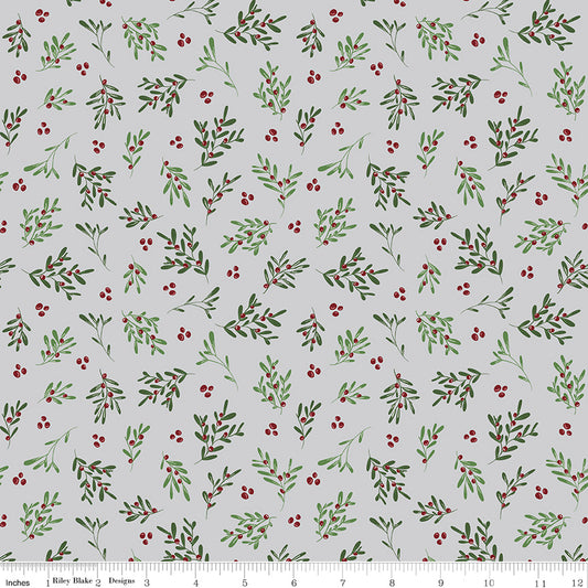 Mistletoe & Holly - Mistletoe SILVER - 1/2 yd