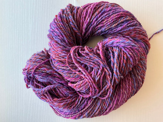 Handspun Merino Rambouillet wool blend yarn;  200 yds; Worsted weight - pink and purple colors