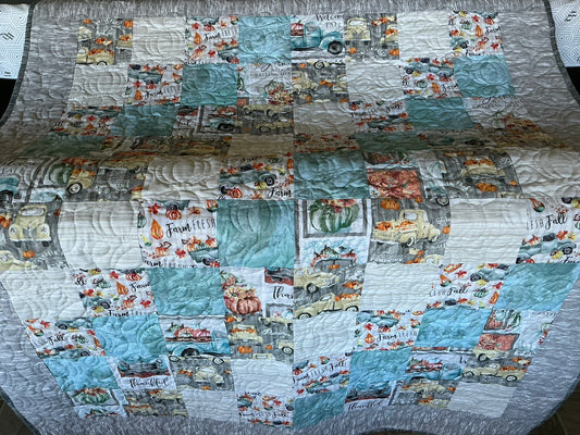 Handmade fall all-cotton lap throw quilt, "Be Thankful", edge-to-edge quilting