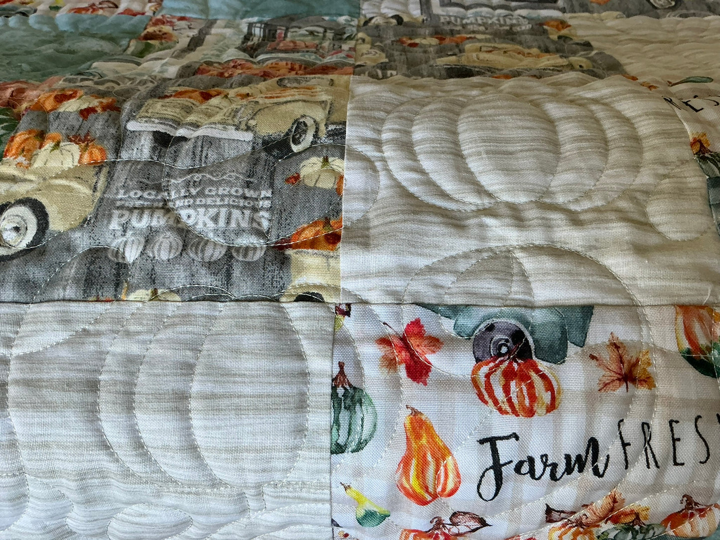 Handmade fall all-cotton lap throw quilt, "Be Thankful", edge-to-edge quilting