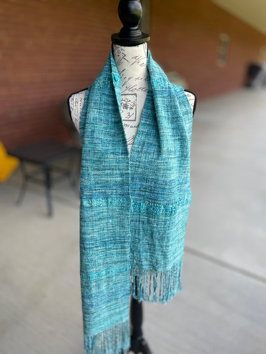 Handwoven Cotton Scarf, blues and greens, hand dyed yarn